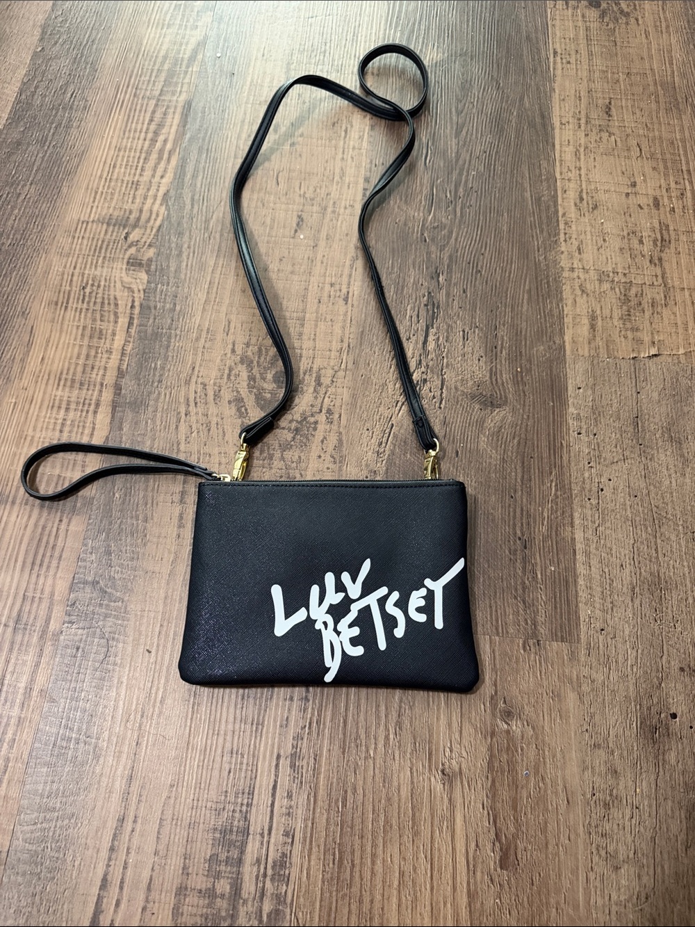 Betsey Johnson Black Crossbody Wristlet with White Script